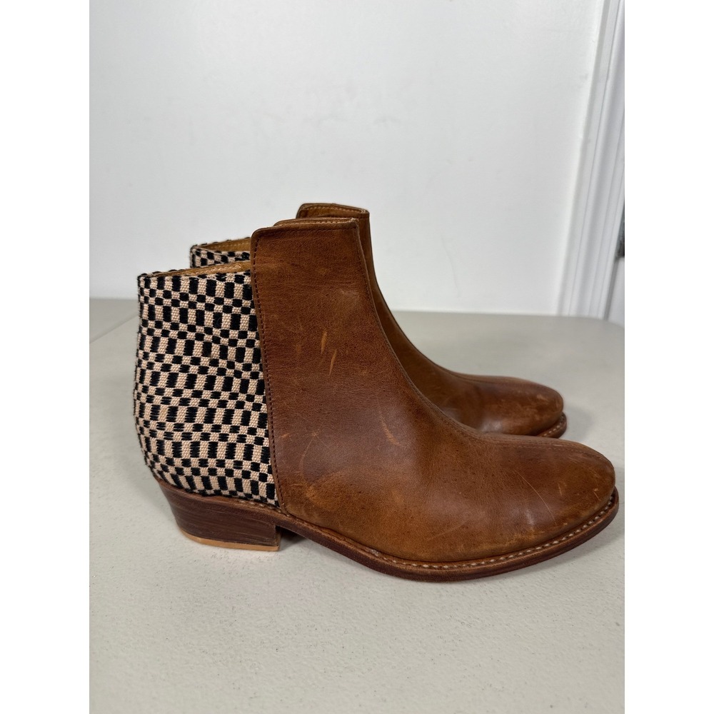 THE ROOT GUETEMALA Handmade Brown Leather Checkered Heel Ankle Boots Size 8